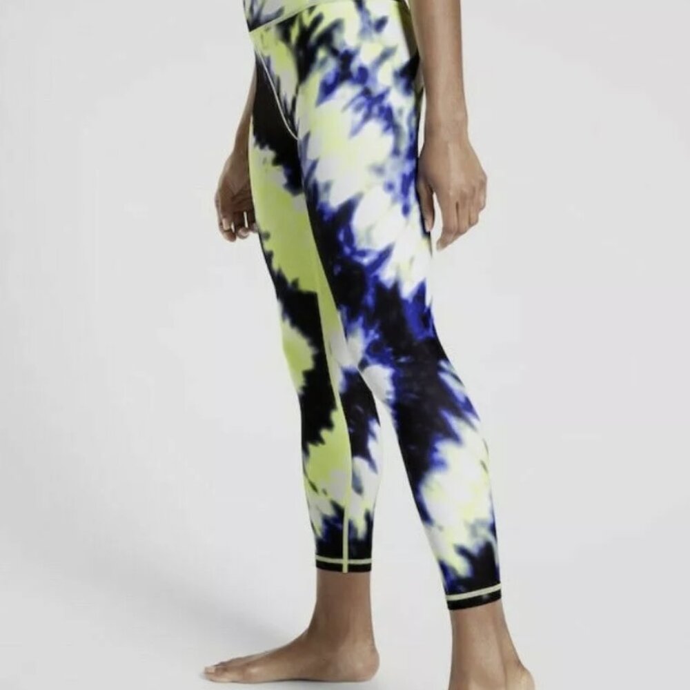 ATHLETA Elation Tie Dye 7/8 Tights Leggings Cobalt Blue Yellow Activewear